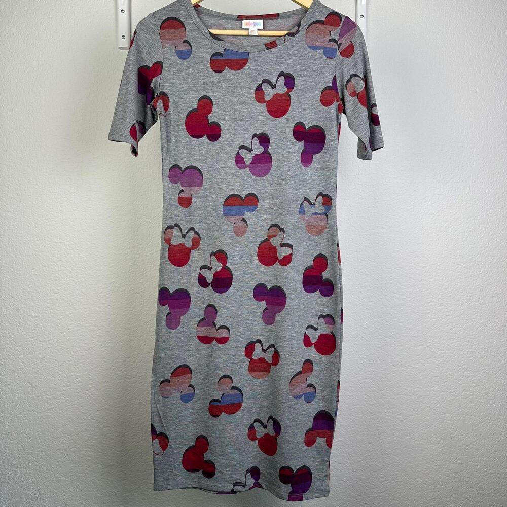 XS Womens LuLaRoe Grey Pink Purple Blue Mickey & Minnie Julia Dress